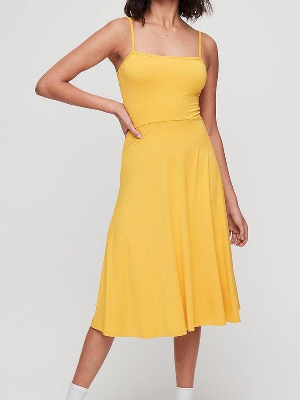 Aritzia Wilfred Mustard Yellow Roseanne Fit and Flare Dress